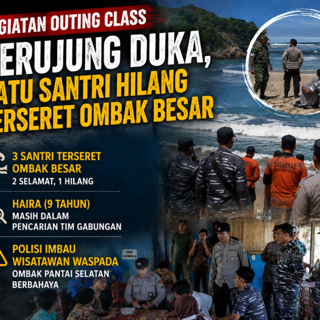 Kegiatan Outing Class Berujung Duka, Satu Santri Hilang Terseret Ombak Besar