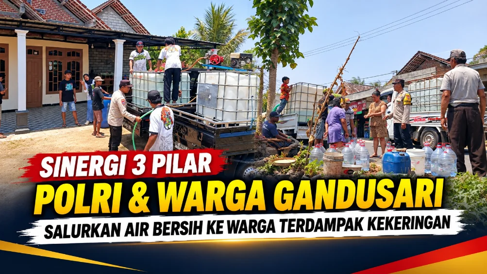 Sinergi 3 Pilar, Polri & Warga Gandusari Salurkan Air Bersih ke Warga Terdampak Kekeringan