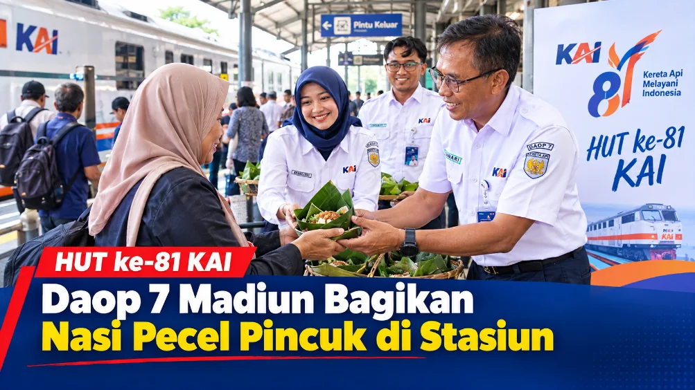 HUT ke-81 KAI, Daop 7 Madiun Bagikan Nasi Pecel Pincuk di Stasiun