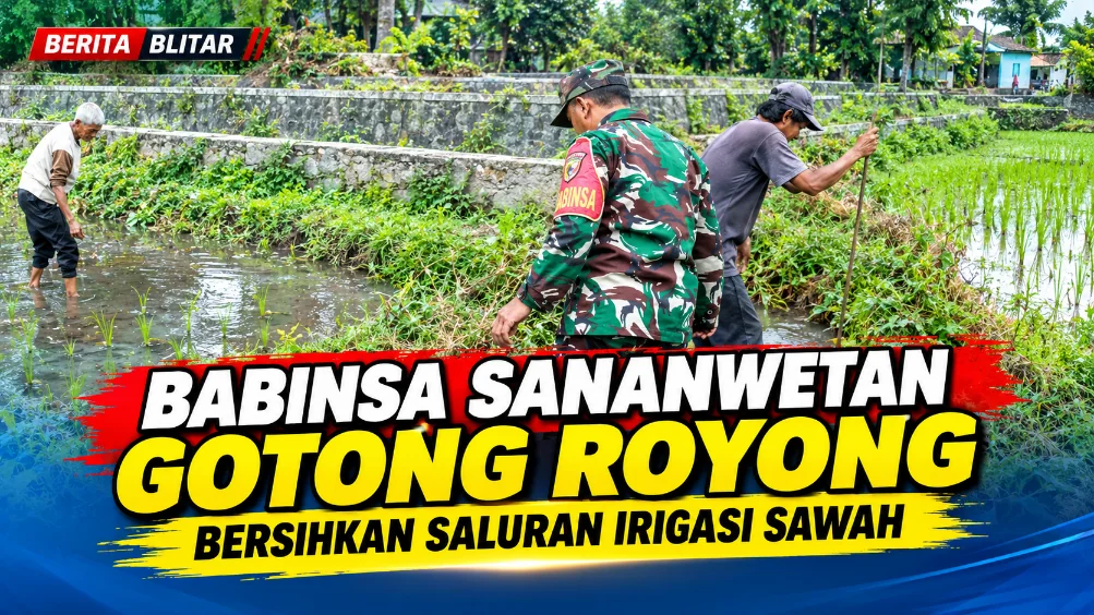 Babinsa Sananwetan Gotong Royong Bersihkan Saluran Irigasi Sawah